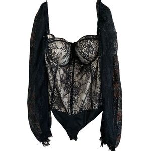 Curvy Sense Whimsigoth Black Lace Corset Puffed Long Sleeve Bodysuit Sz 2X